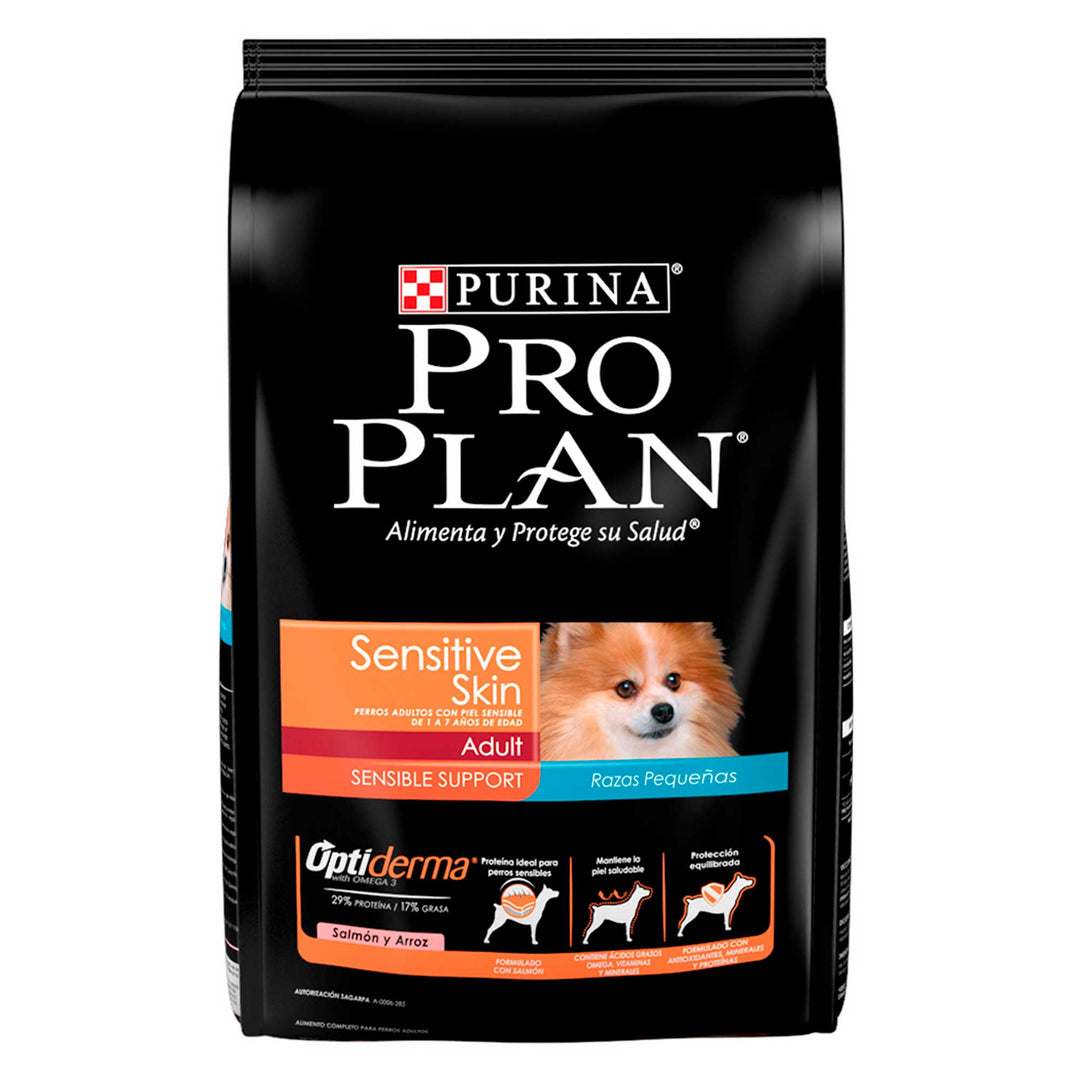 Pro Plan Optiderma Sensitive Skin Alimento Seco para Perro Adulto Raza Pequeña Receta Salmón y Arroz, 1.0 kg, 3.0 kg y 7.5 kg