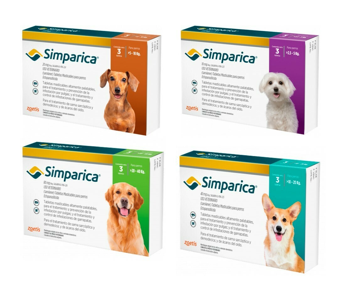 Zoetis Simparica Desparasitante Externo para Perros, 3 tabletas de 10 mg, 20 mg, 40 mg y 80 mg,