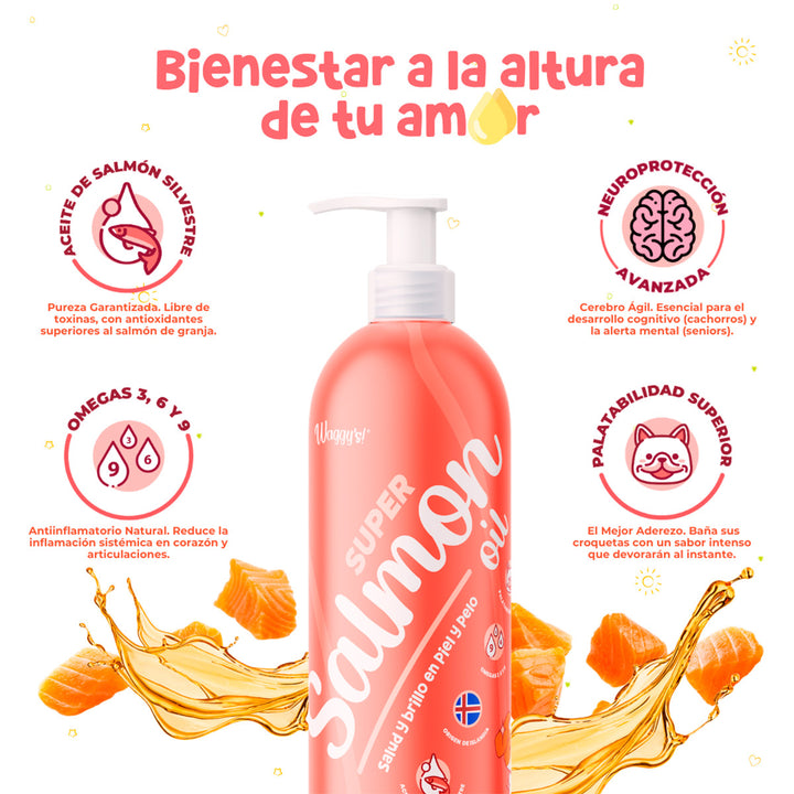 Waggys Super Salmon Oil | Aceite de Salmón Premium con Omega 3 para Perros y Gatos | Piel, Pelaje, Articulaciones y Sistema Inmunológico