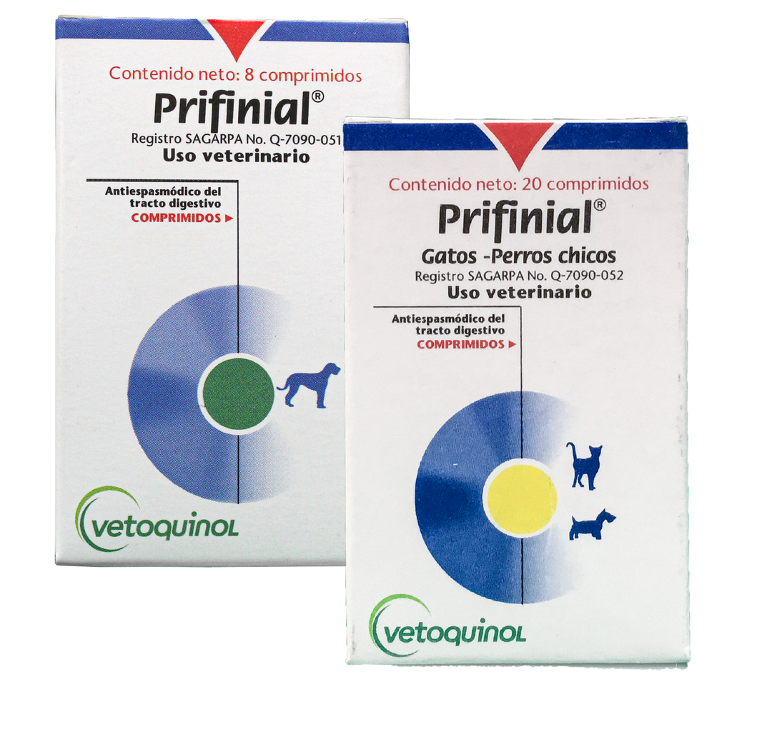 Vetoquinol Prifinial Antiespasmódico para Perros y Gatos, 7 mg de 20 comprimidos y 70 mg de 8 comprimidos