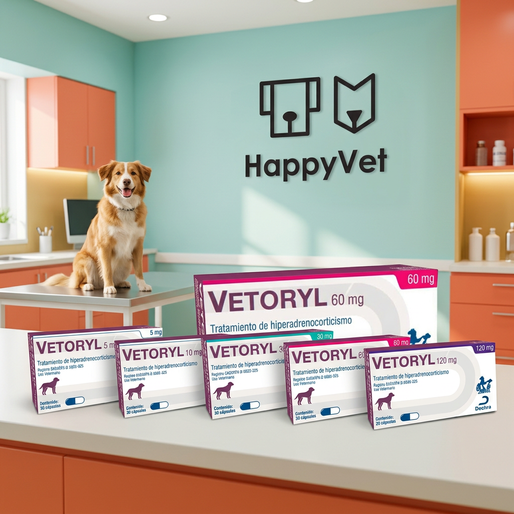 Vetoryl Dechra con las cinco presentaciones: 5, 10, 30, 60 y 120 mg