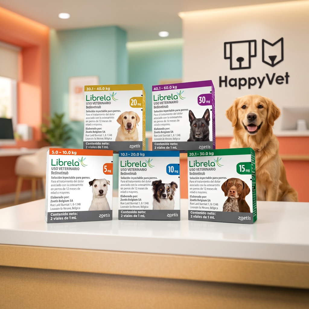 Zoetis Librela con las cinco presentaciones: 5, 10, 15, 20 y 30 mg, en el consultorio con el logo de HappyVet