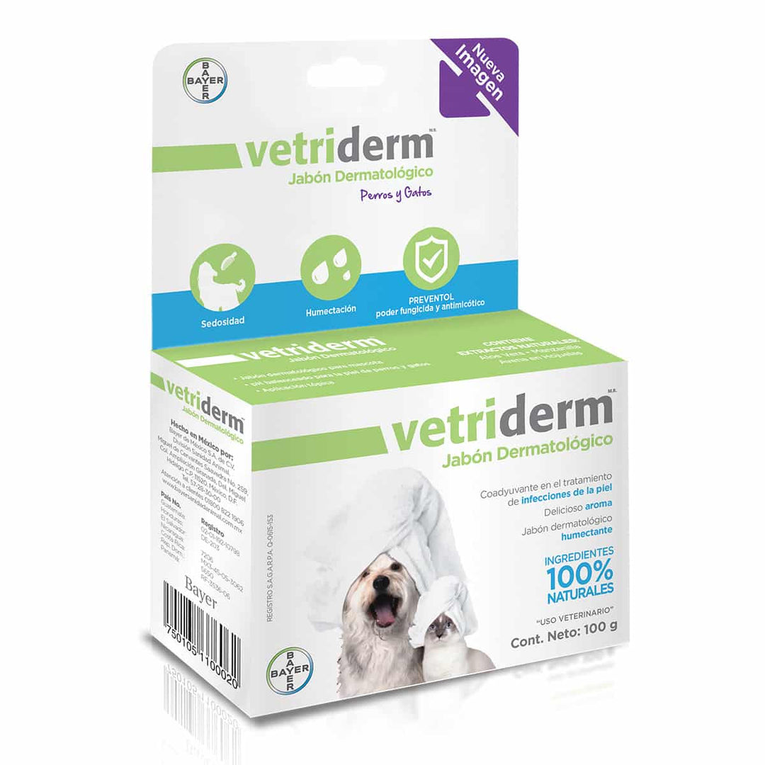 Bayer Vetriderm Jabón Dermatológico para Perro y Gato, 100 g