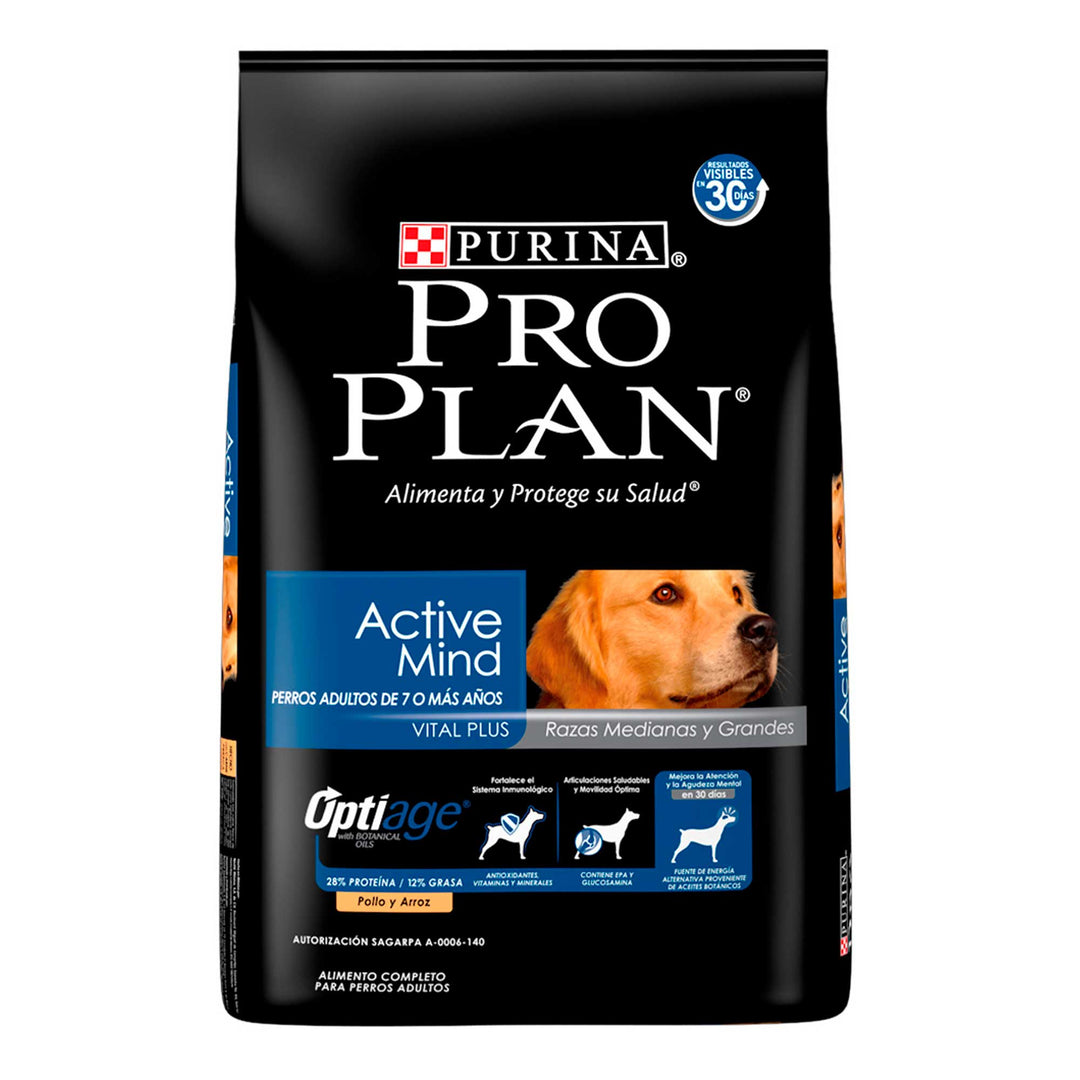 Pro Plan Optiage Active Mind Alimento Seco para Perro Senior Raza Mediana/Grande Receta Pollo y Arroz, 3.0 kg, 7.5 kg y 13.0 kg