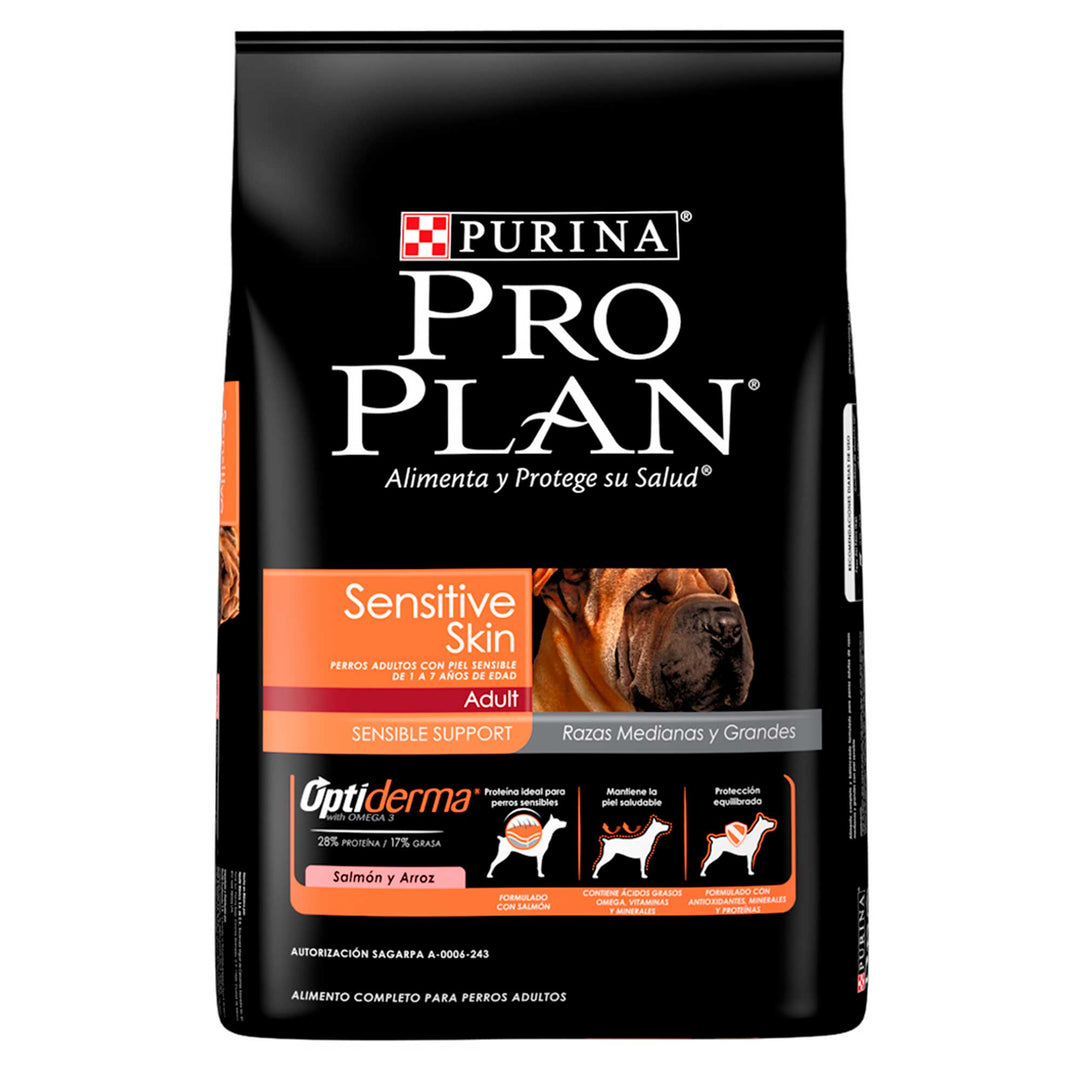 Pro Plan Optiderma Sensitive Skin Alimento Seco para Perro Adulto Razas Mediana/Grande Receta Salmón y Arroz, 3.0 kg y 13.0 kg