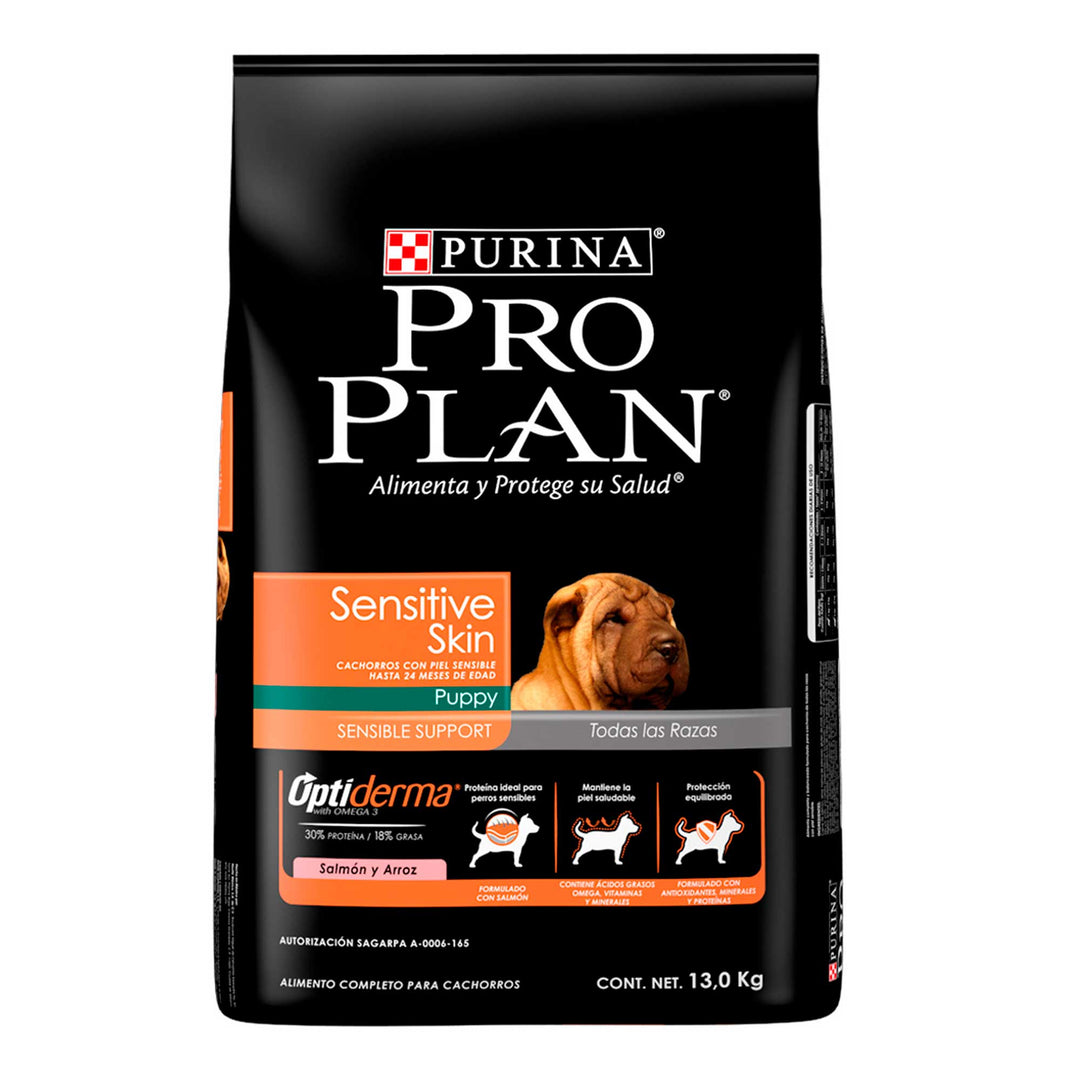 Pro Plan Optiderma Sensitive Skin Alimento Seco para Cachorro Todas las Razas Receta Salmón y Arroz, 3.0 kg y 13 kg